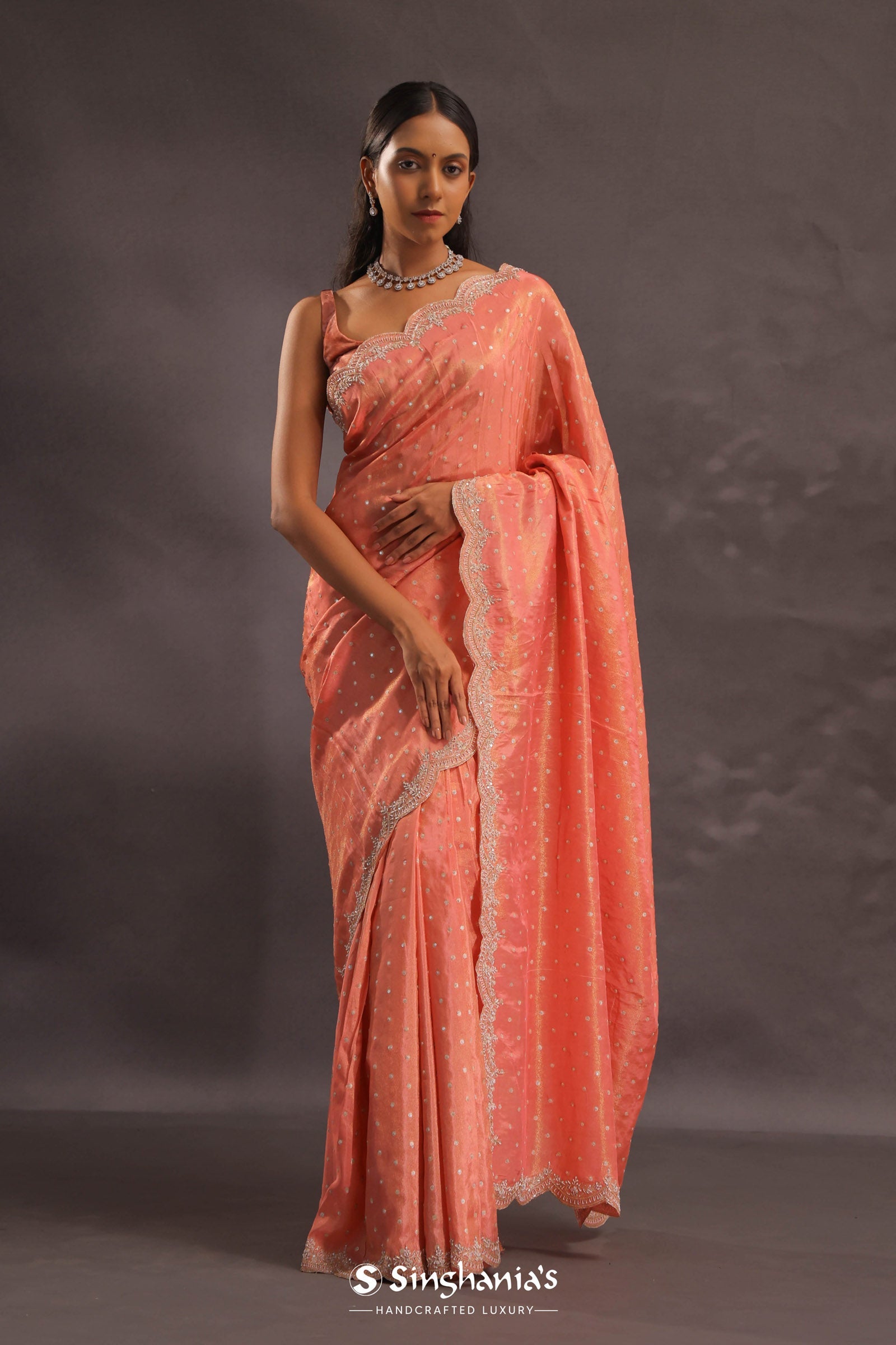 Cantaloupe Orange Organza Embroidery Saree With Scallop Border