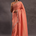 Cantaloupe Orange Organza Embroidery Saree With Scallop Border