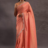 Cantaloupe Orange Organza Embroidery Saree With Scallop Border