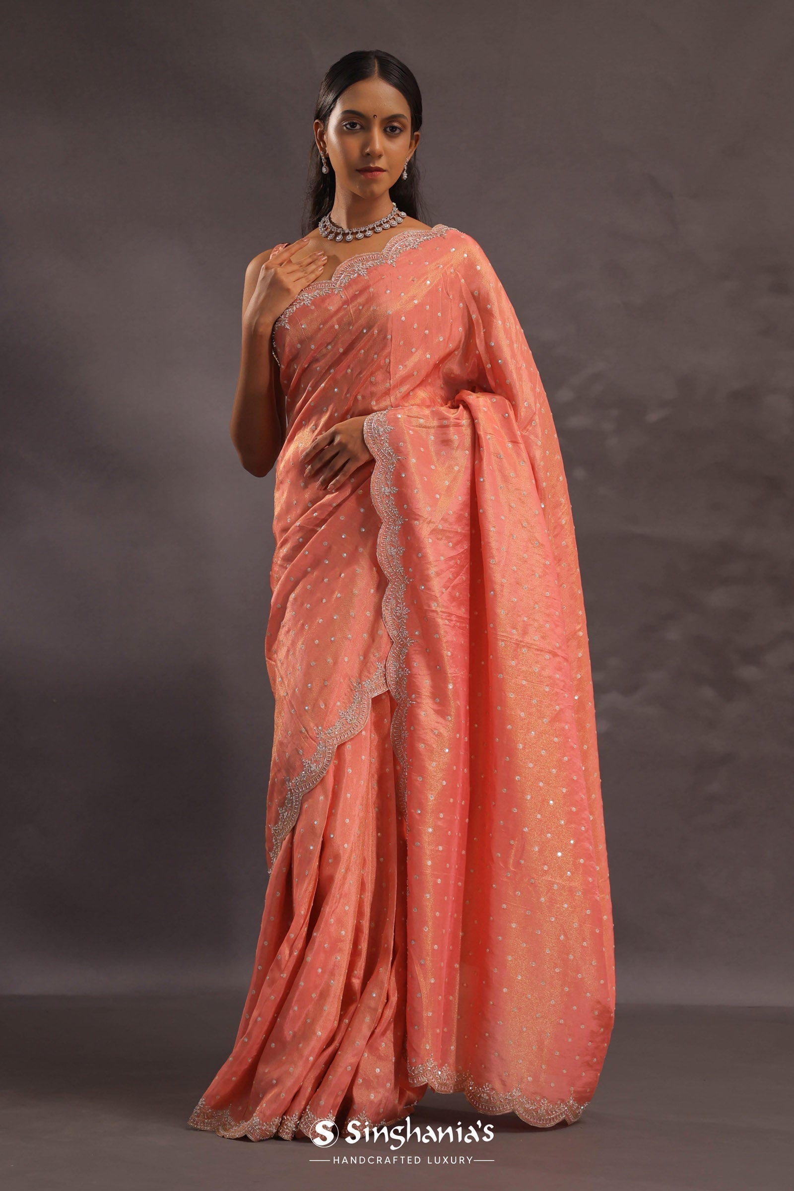 Cantaloupe Orange Organza Embroidery Saree With Scallop Border