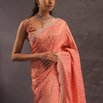 Cantaloupe Orange Organza Embroidery Saree With Scallop Border