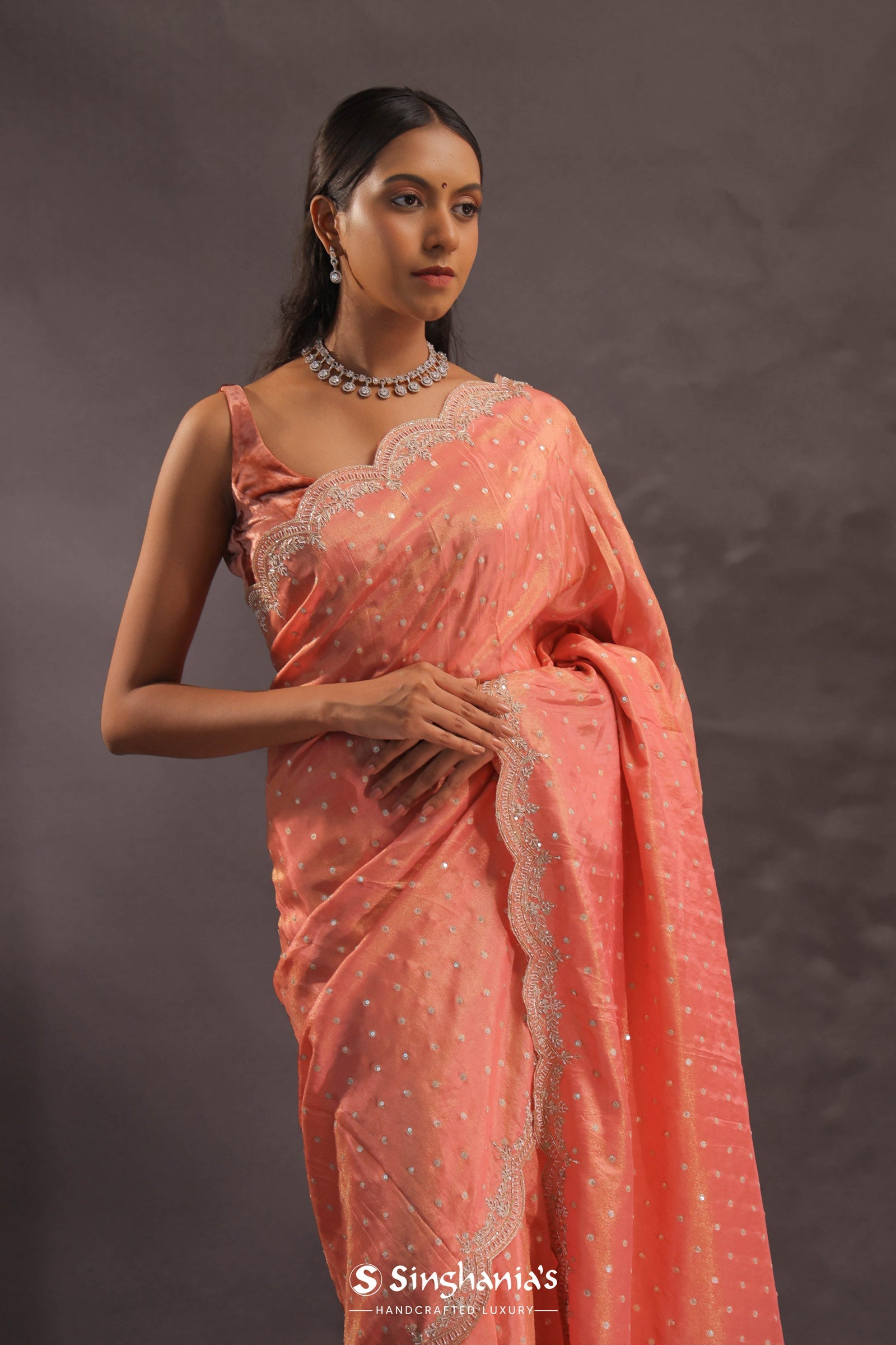 Cantaloupe Orange Organza Embroidery Saree With Scallop Border
