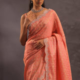 Cantaloupe Orange Organza Embroidery Saree With Scallop Border