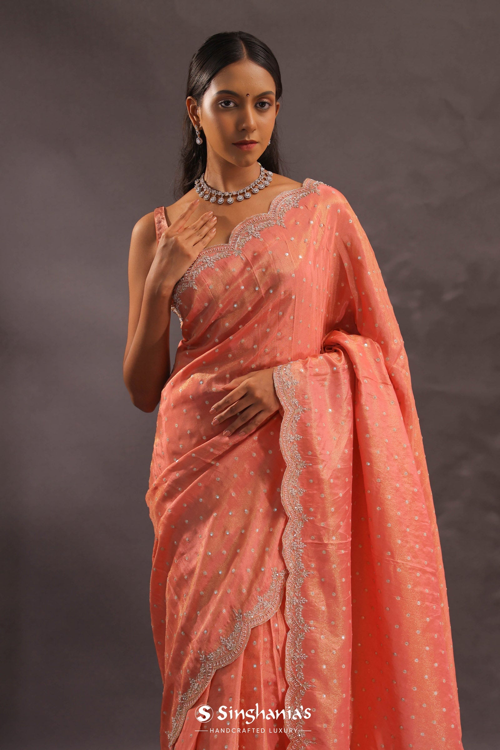 Cantaloupe Orange Organza Embroidery Saree With Scallop Border