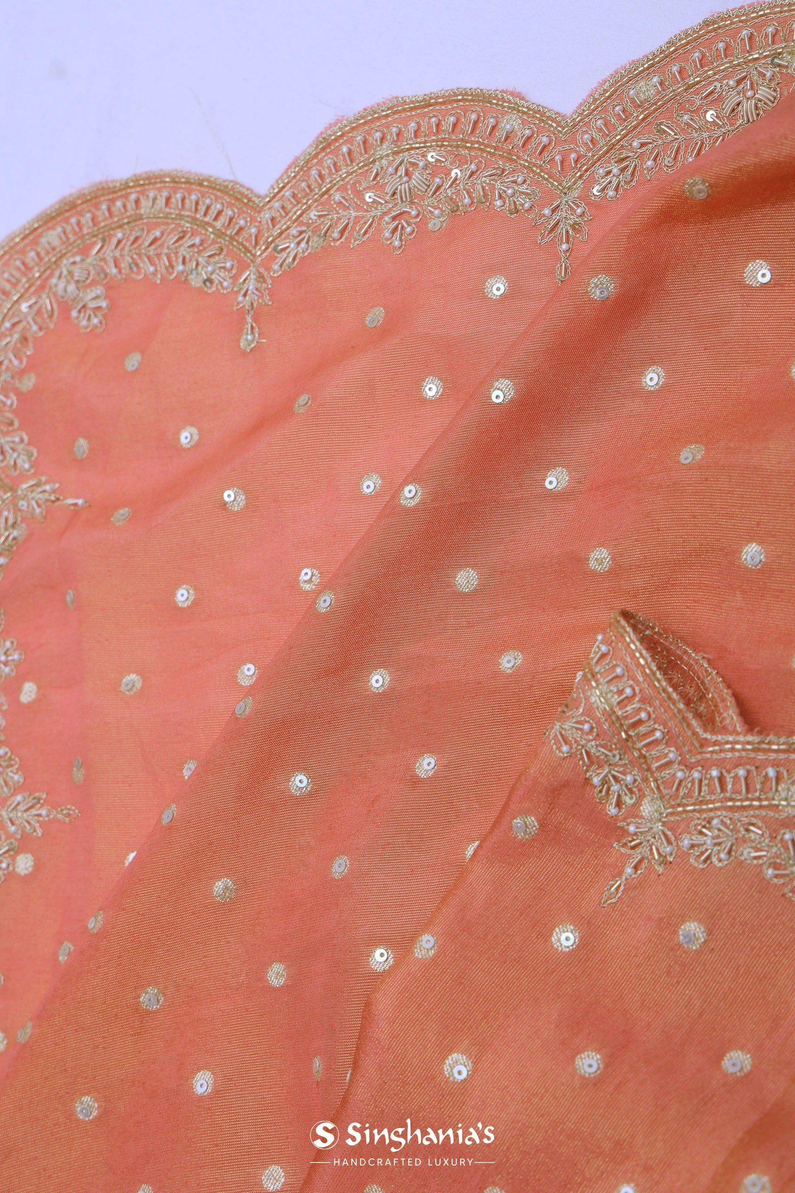 Cantaloupe Orange Organza Embroidery Saree With Scallop Border