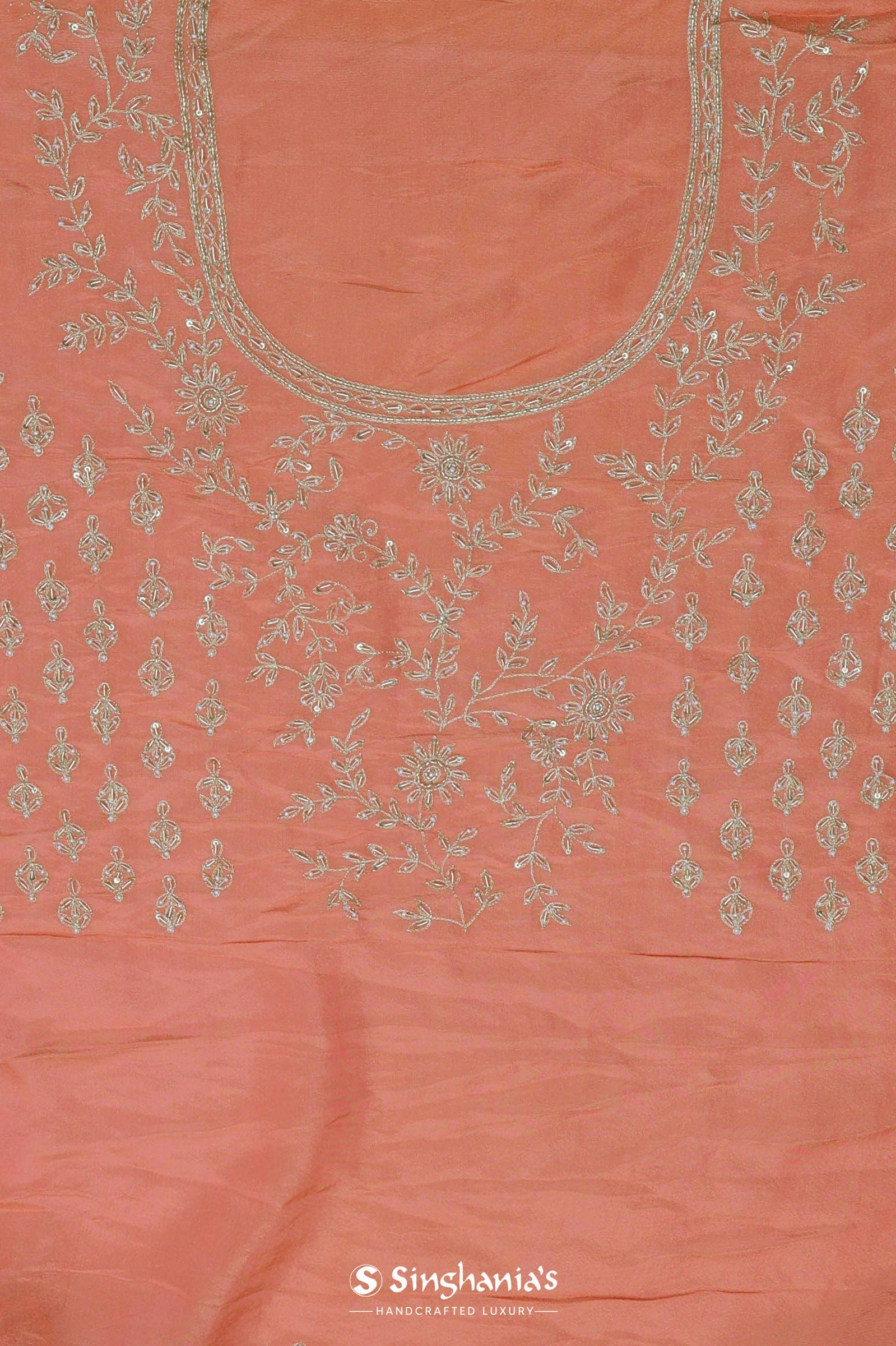 Cantaloupe Orange Organza Embroidery Saree With Scallop Border