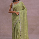 Olive Green Organza Embroidery Saree With Scallop Border