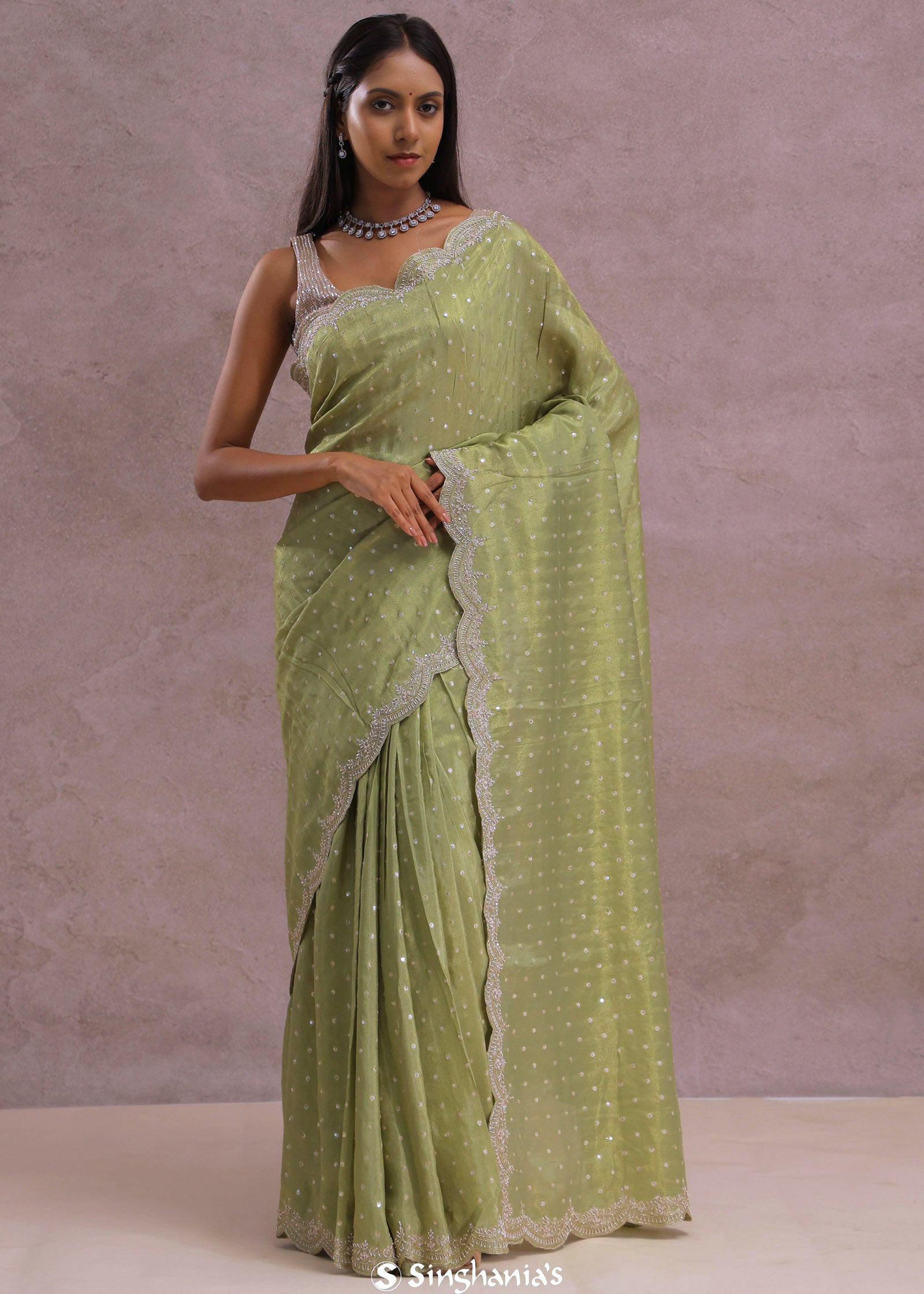 Olive Green Organza Embroidery Saree With Scallop Border