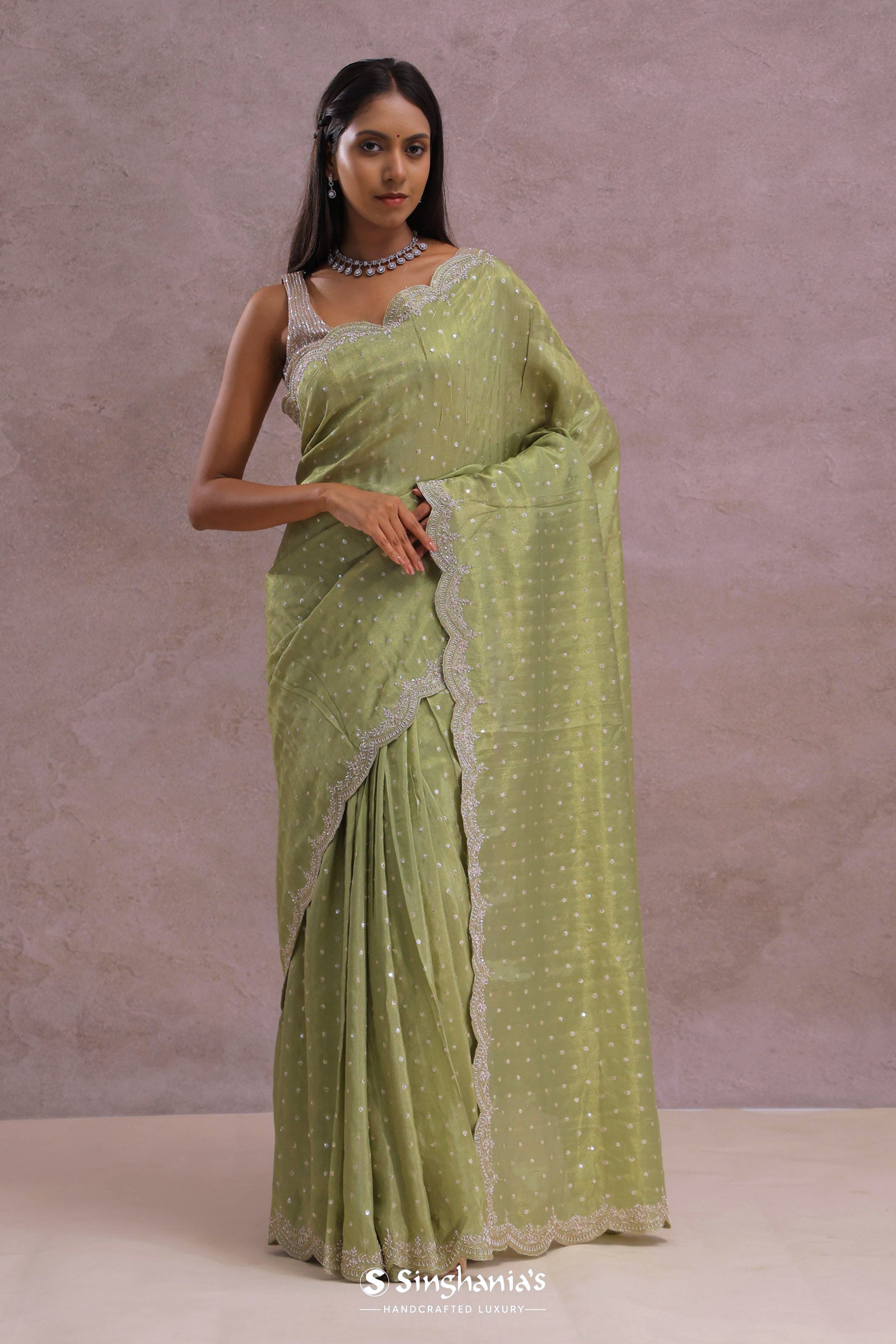 Olive Green Organza Embroidery Saree With Scallop Border