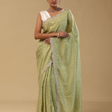Pista Green Banarasi Tissue Saree With Scallop Border