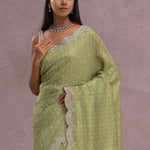 Olive Green Organza Embroidery Saree With Scallop Border