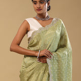 Pista Green Banarasi Tissue Saree With Scallop Border
