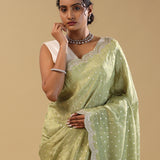 Pista Green Banarasi Tissue Saree With Scallop Border