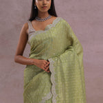 Olive Green Organza Embroidery Saree With Scallop Border