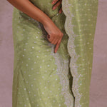 Olive Green Organza Embroidery Saree With Scallop Border