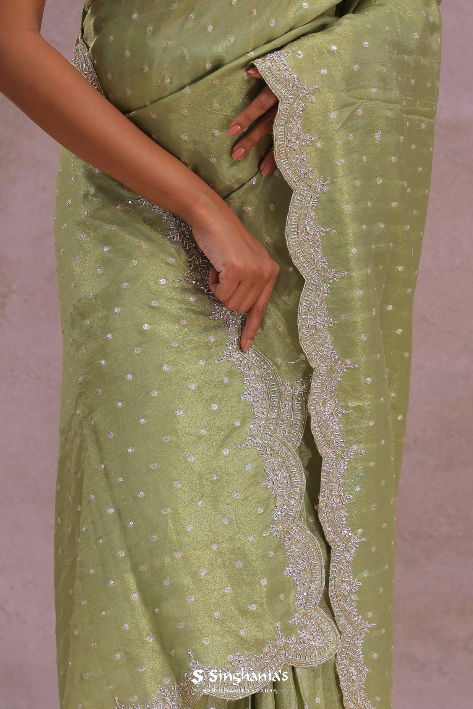 Olive Green Organza Embroidery Saree With Scallop Border
