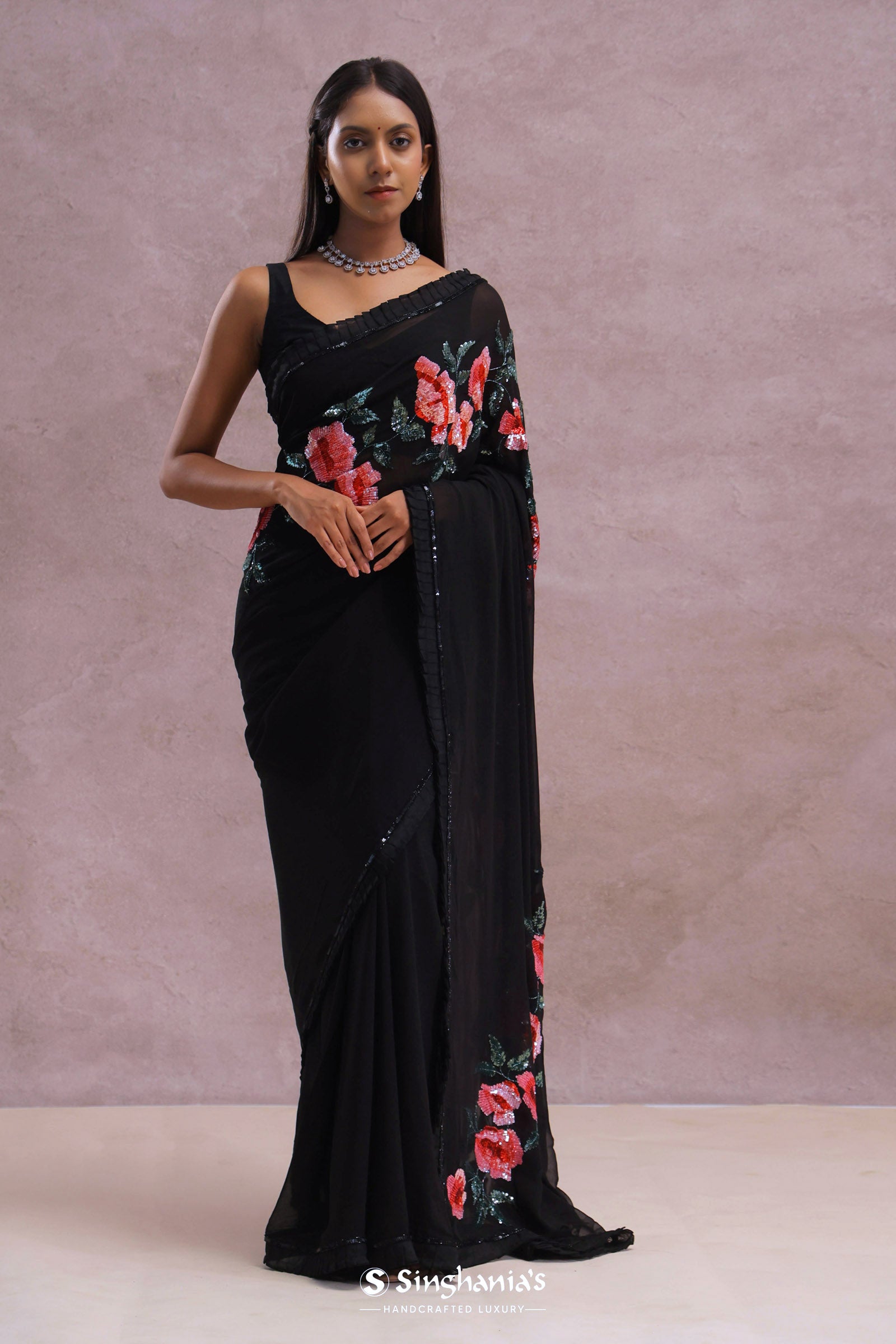 Black Organza Embroidery Saree With Sequins Work