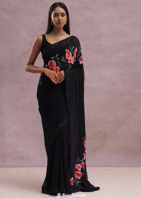 Black Organza Embroidery Saree With Sequins Work