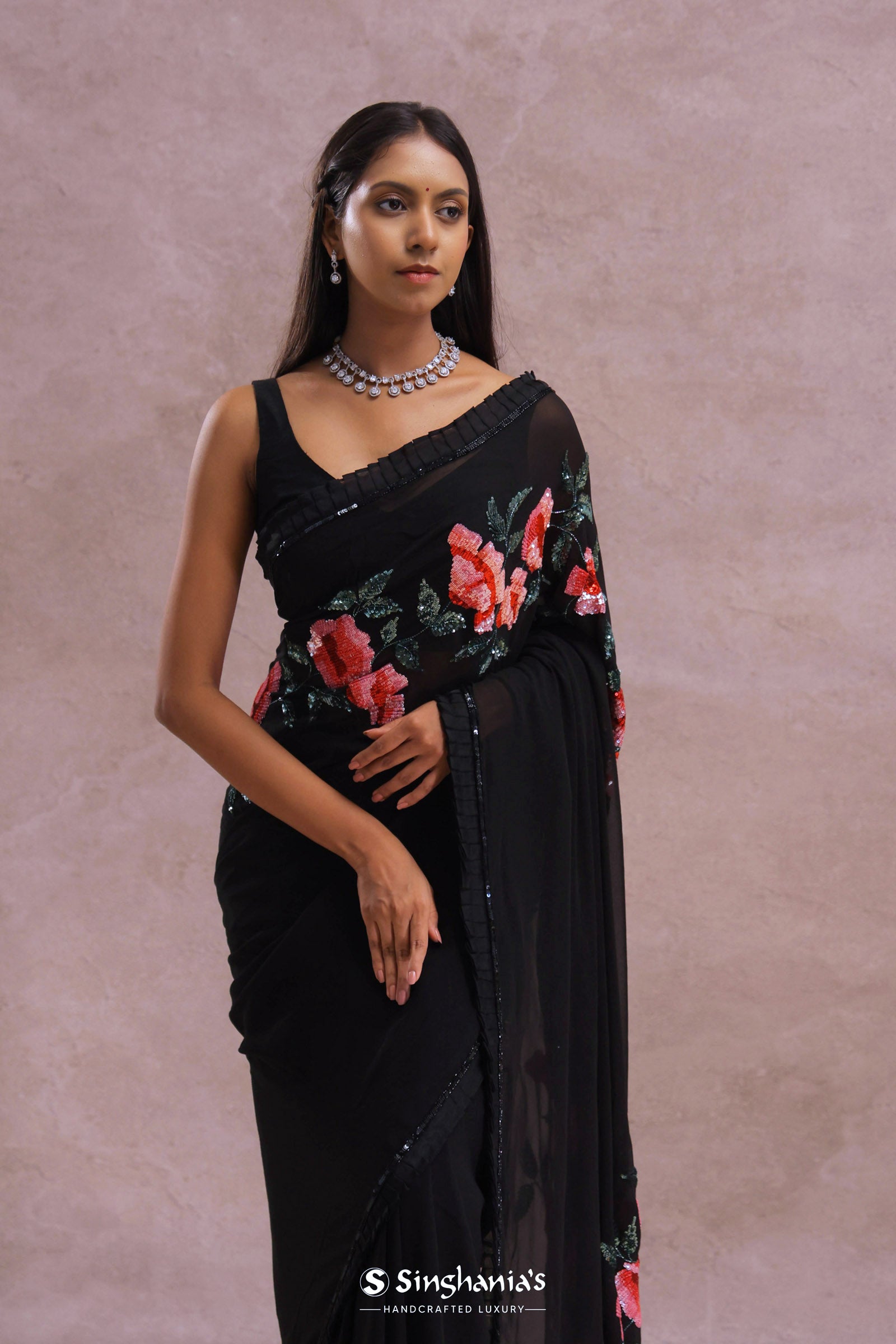 Black Organza Embroidery Saree With Sequins Work
