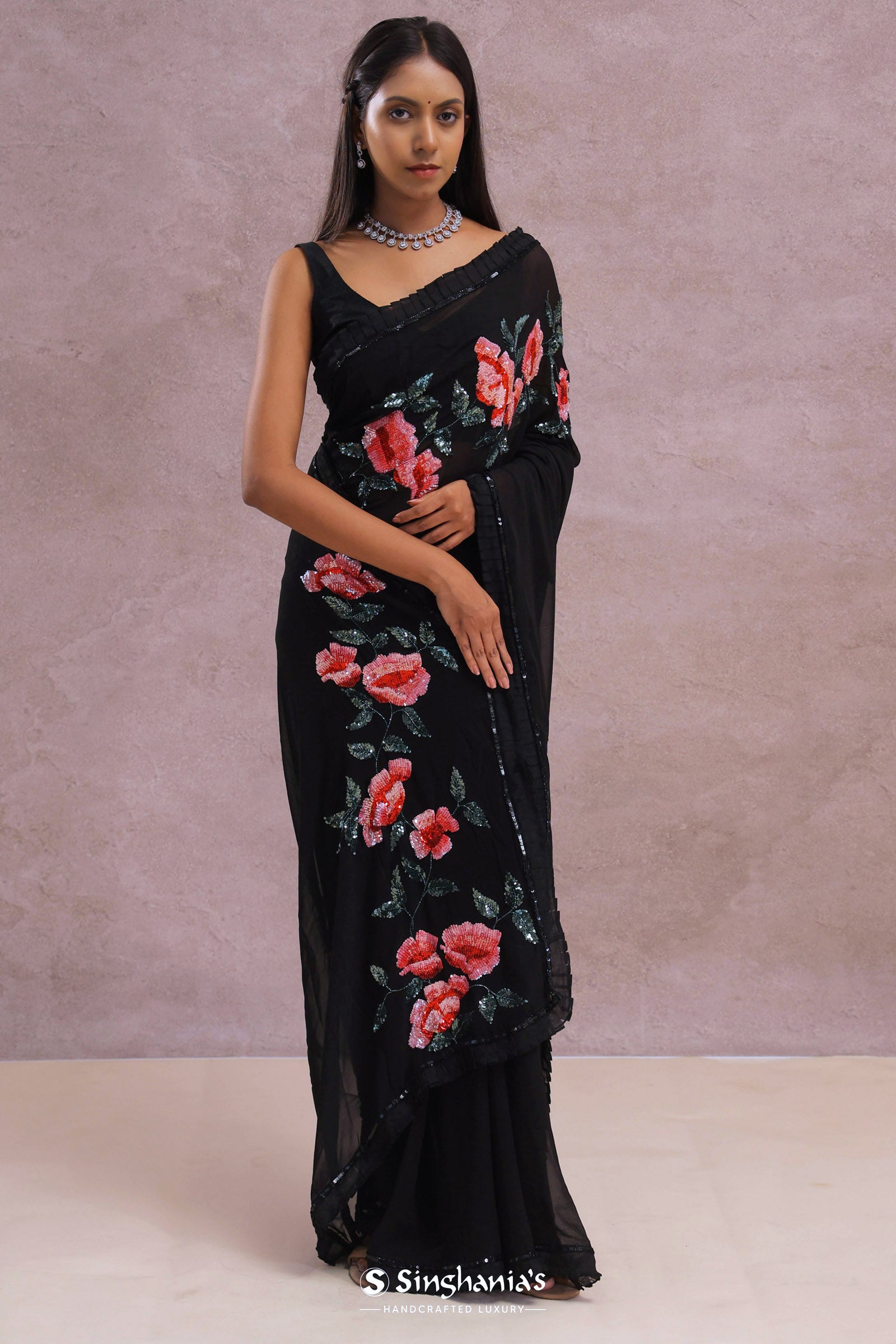 Black Organza Embroidery Saree With Sequins Work