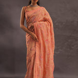 Cantaloupe Orange Organza Embroidery Saree With Small Scallop Border