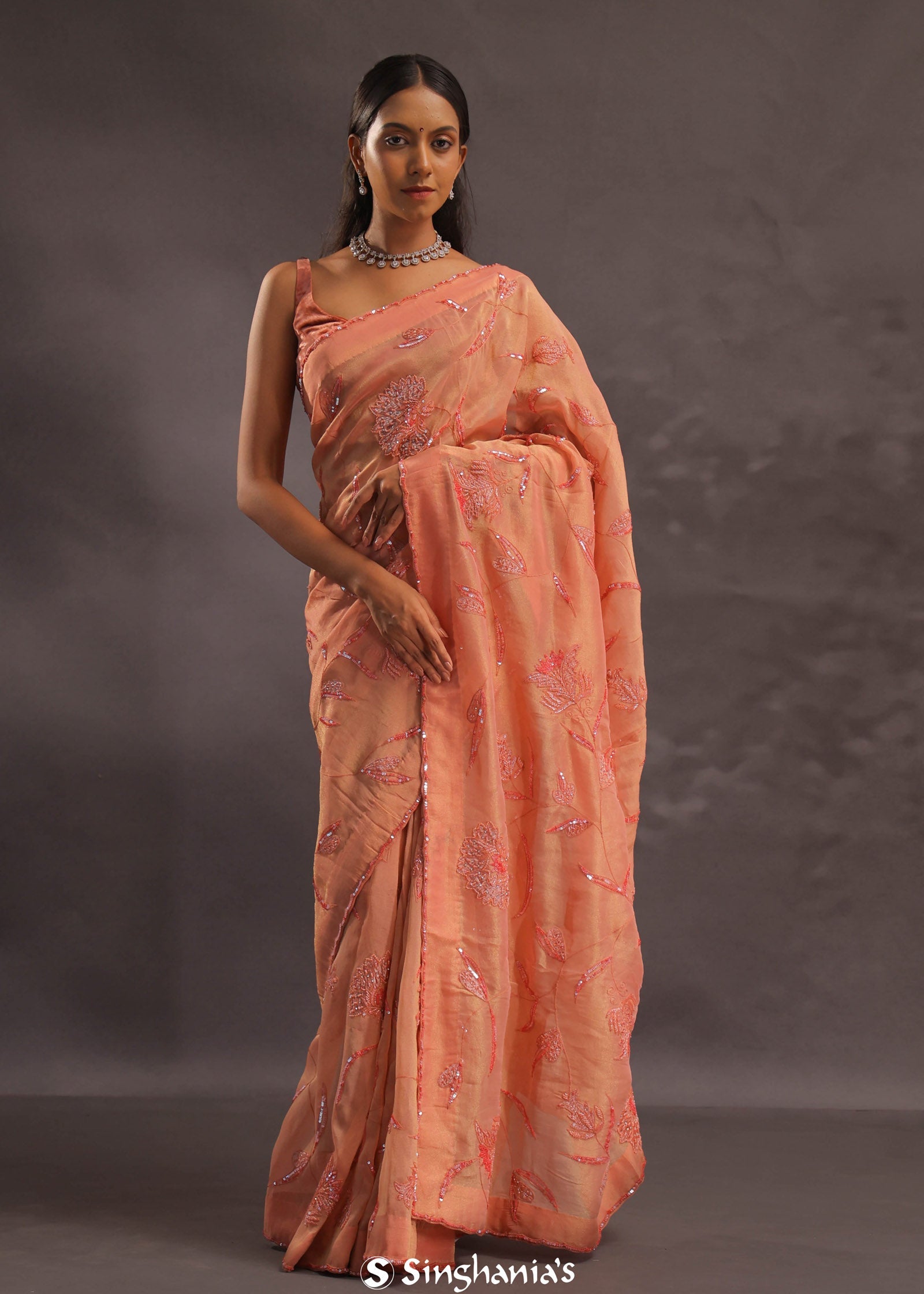 Cantaloupe Orange Organza Embroidery Saree With Small Scallop Border
