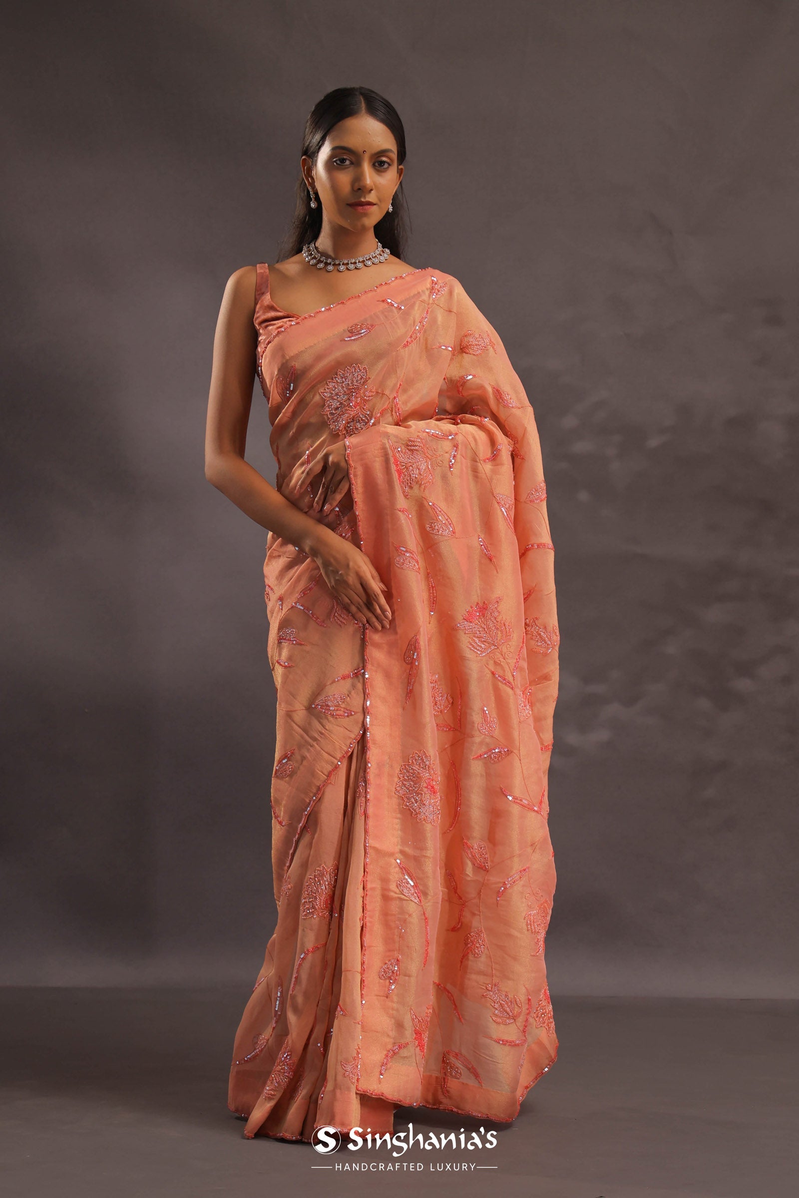 Cantaloupe Orange Organza Embroidery Saree With Small Scallop Border