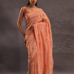 Cantaloupe Orange Organza Embroidery Saree With Small Scallop Border
