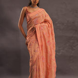Cantaloupe Orange Organza Embroidery Saree With Small Scallop Border