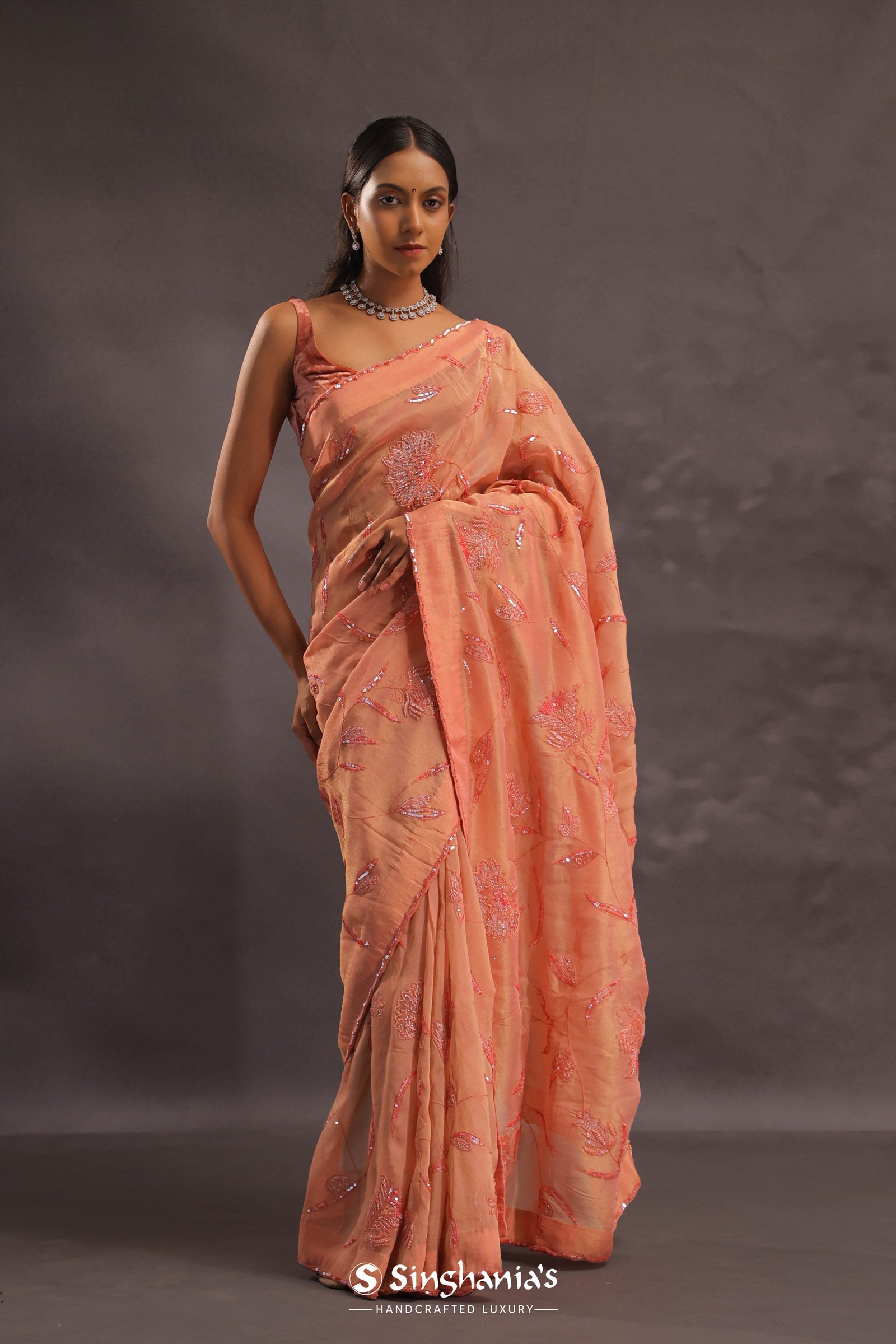 Cantaloupe Orange Organza Embroidery Saree With Small Scallop Border
