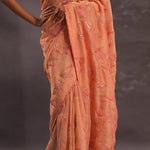 Cantaloupe Orange Organza Embroidery Saree With Small Scallop Border