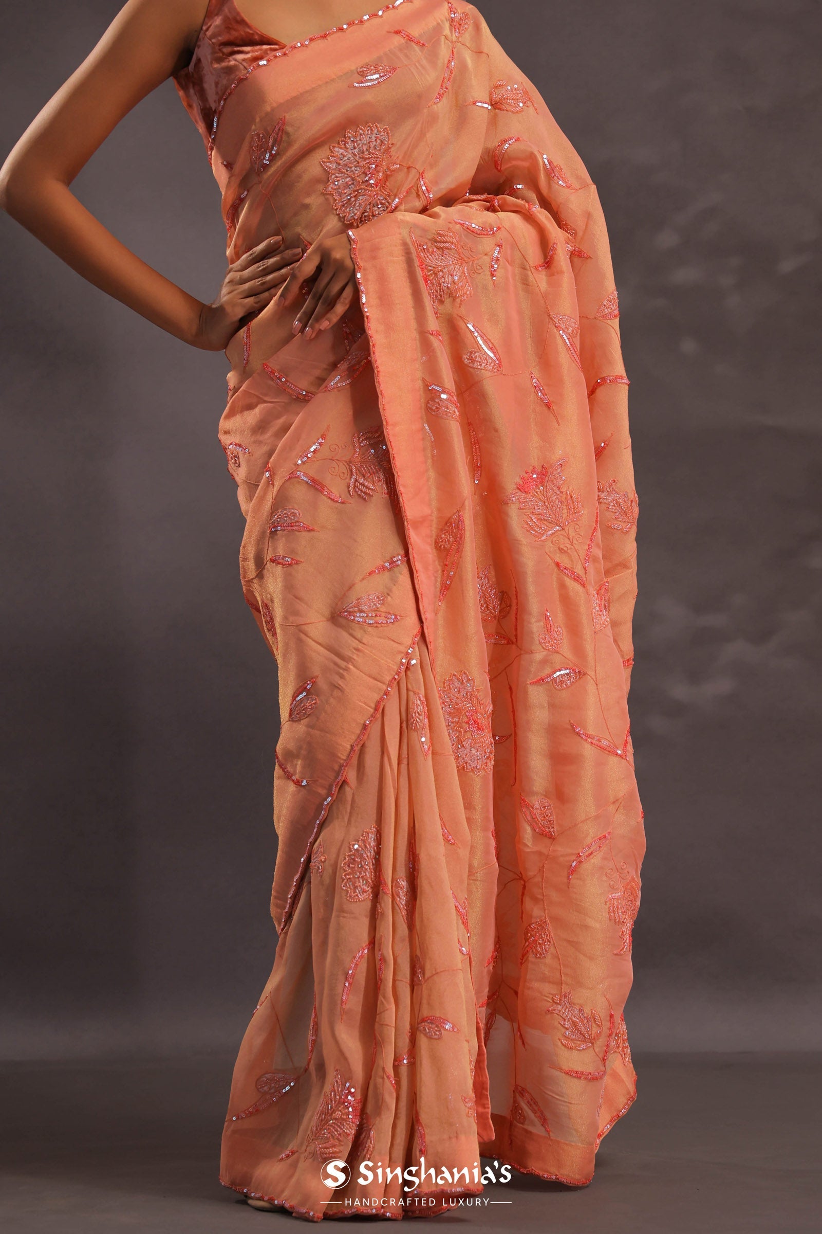 Cantaloupe Orange Organza Embroidery Saree With Small Scallop Border