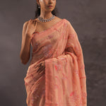 Cantaloupe Orange Organza Embroidery Saree With Small Scallop Border