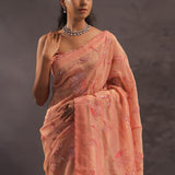 Cantaloupe Orange Organza Embroidery Saree With Small Scallop Border