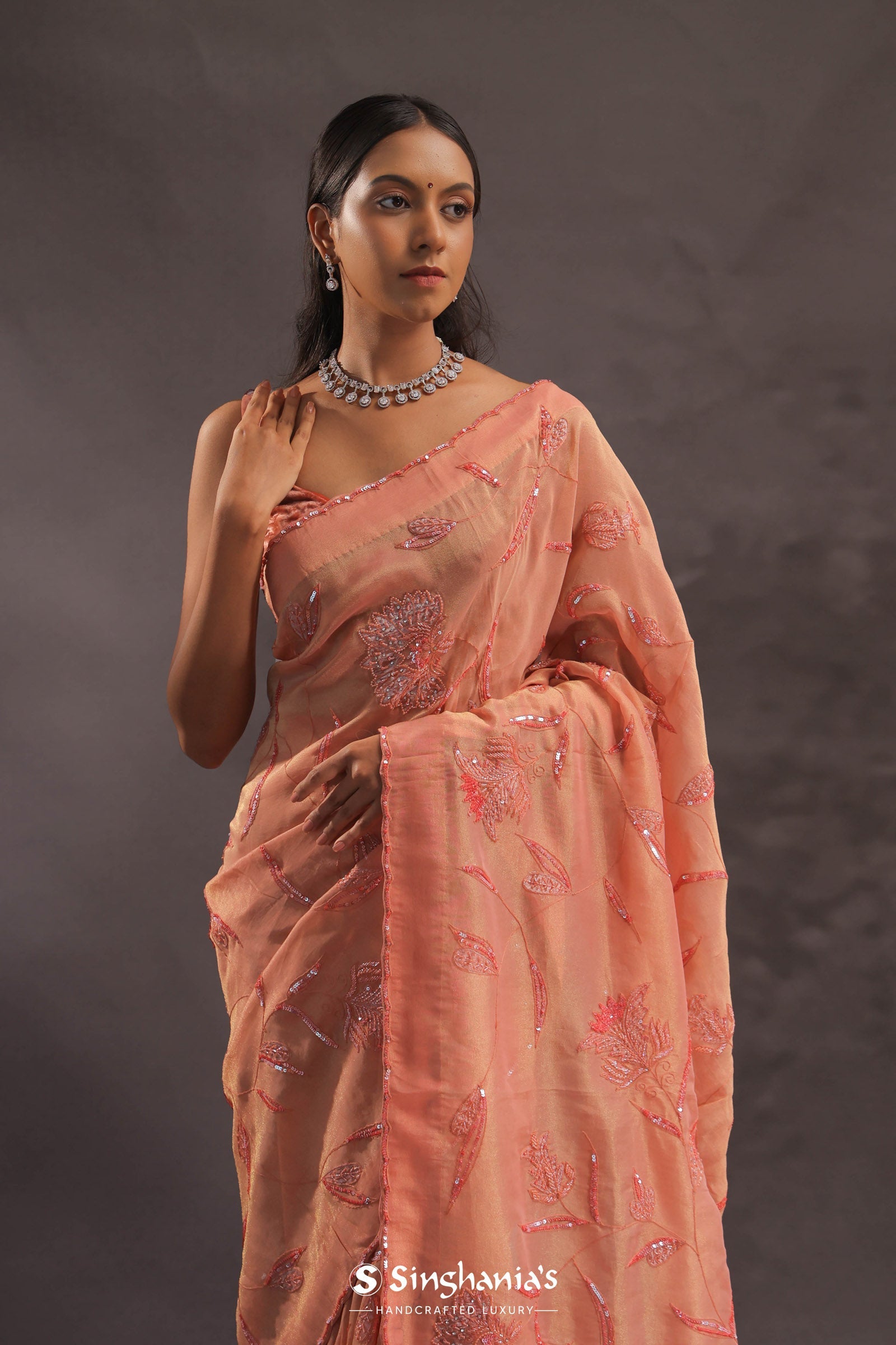 Cantaloupe Orange Organza Embroidery Saree With Small Scallop Border