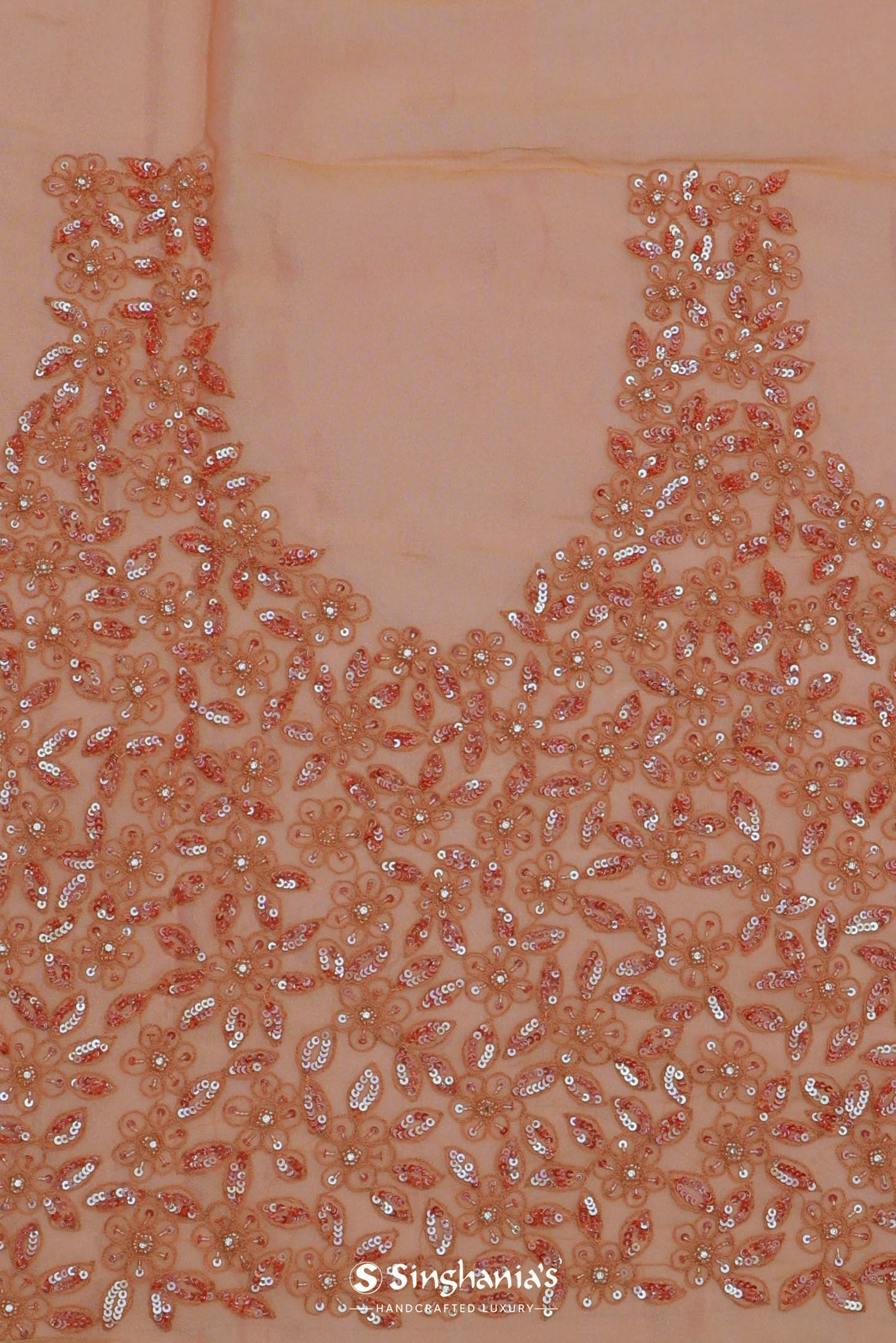 Cantaloupe Orange Organza Embroidery Saree With Small Scallop Border