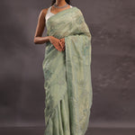 Sage Green Organza Embroidery Saree With Small Scallop Border
