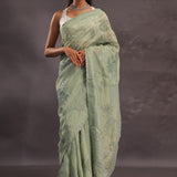 Sage Green Organza Embroidery Saree With Small Scallop Border
