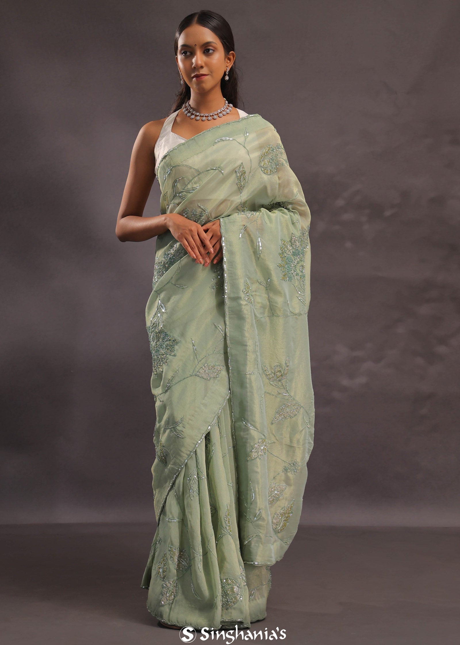 Sage Green Organza Embroidery Saree With Small Scallop Border