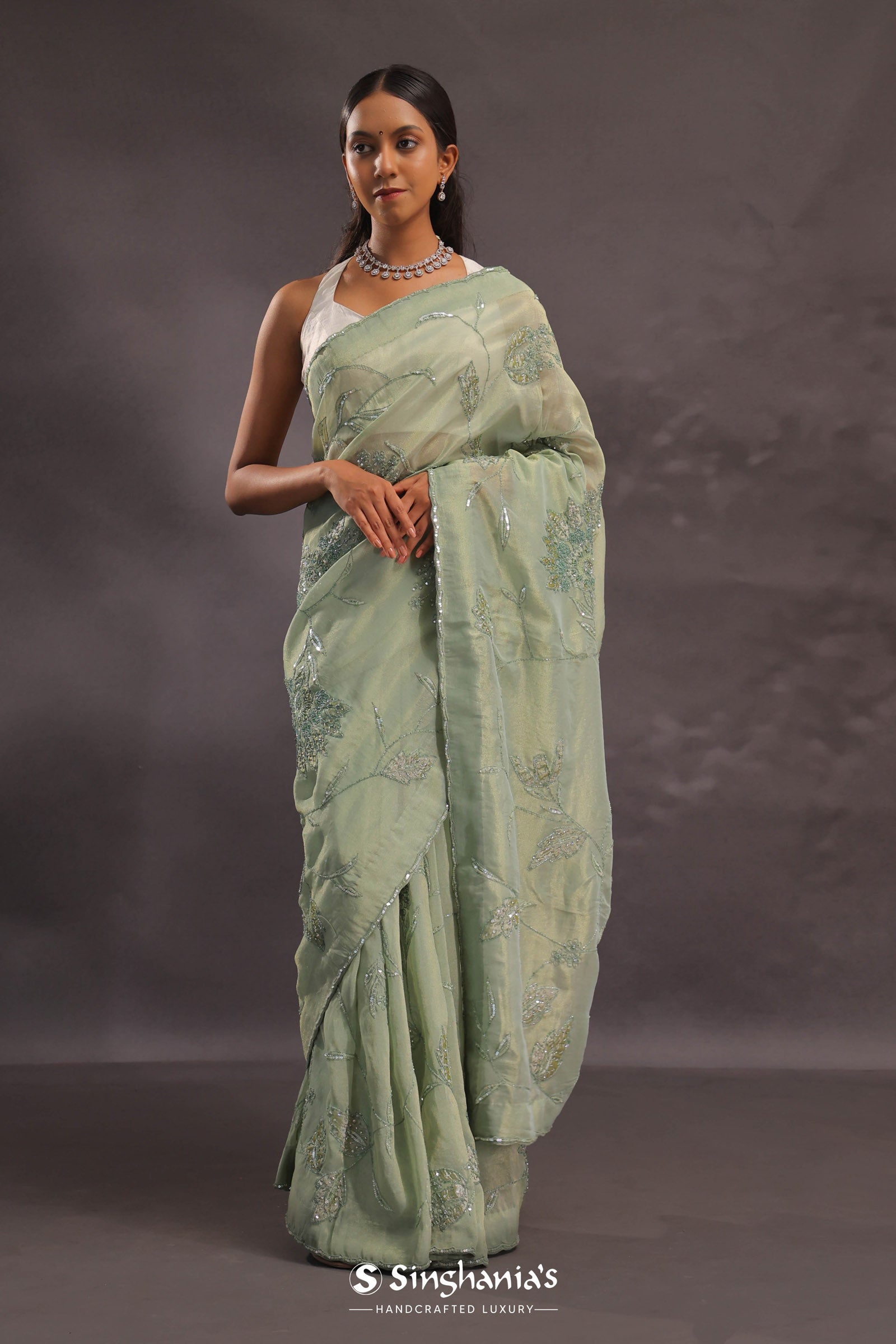 Sage Green Organza Embroidery Saree With Small Scallop Border