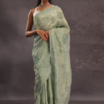 Sage Green Organza Embroidery Saree With Small Scallop Border