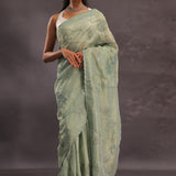 Sage Green Organza Embroidery Saree With Small Scallop Border