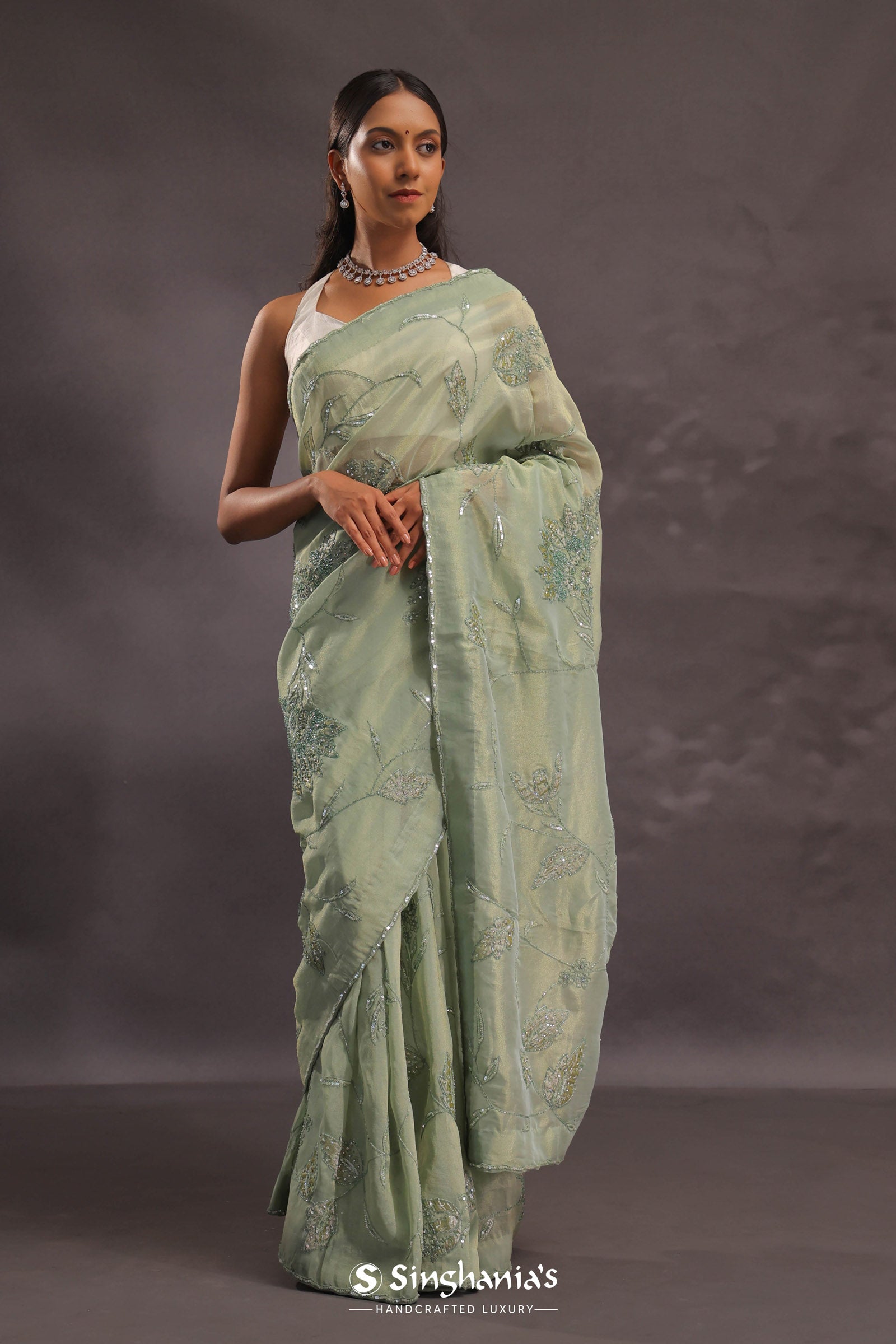 Sage Green Organza Embroidery Saree With Small Scallop Border