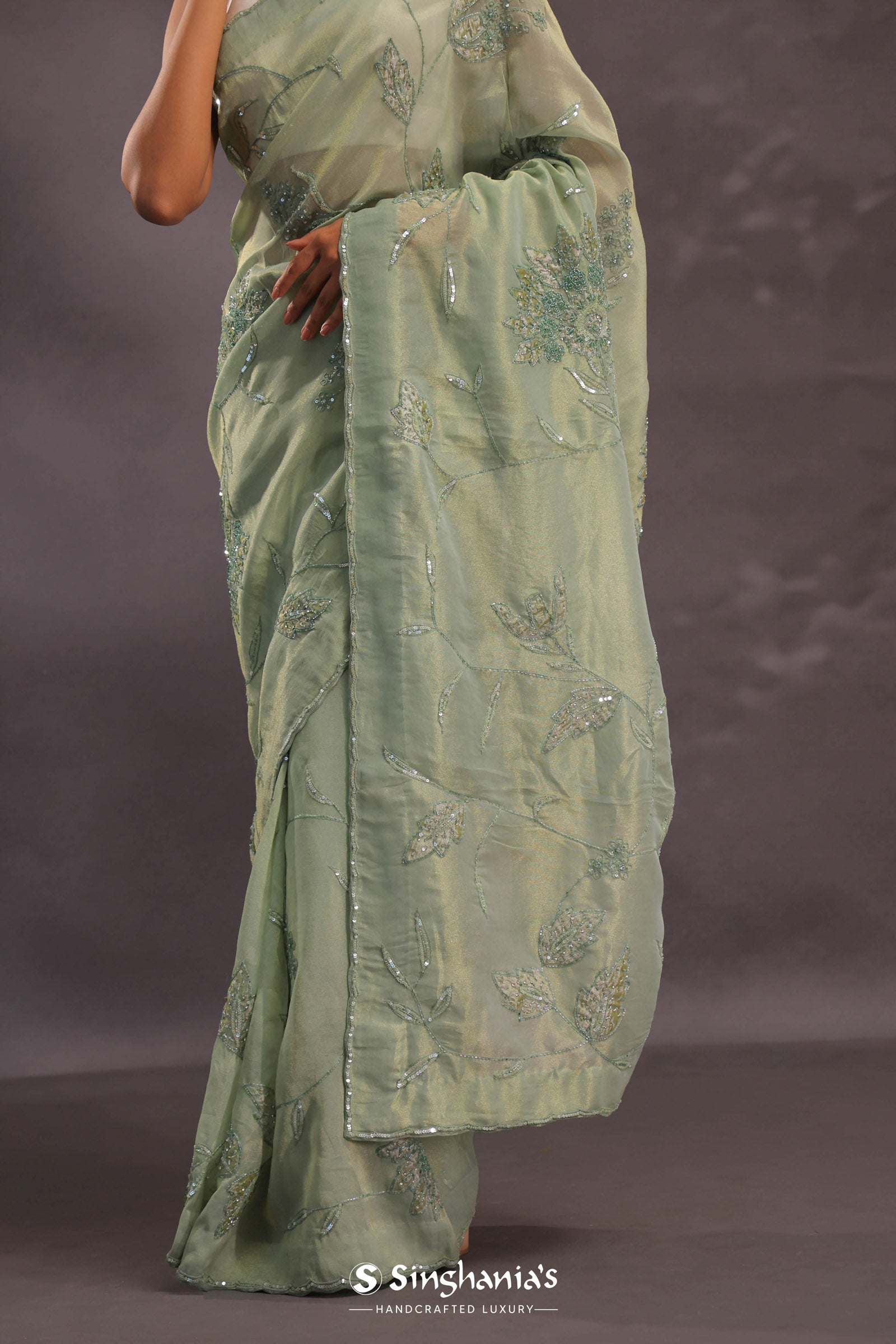 Sage Green Organza Embroidery Saree With Small Scallop Border