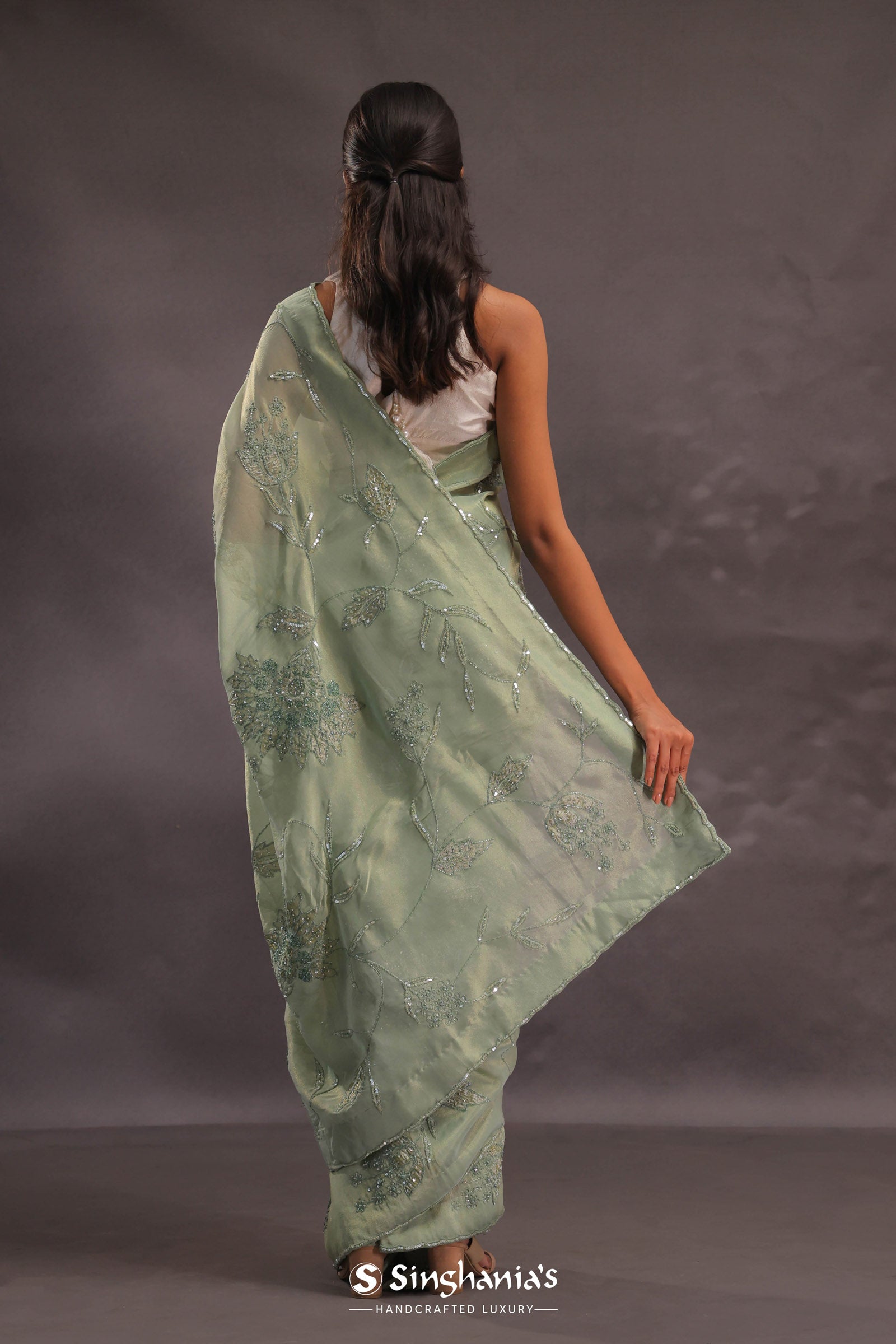 Sage Green Organza Embroidery Saree With Small Scallop Border