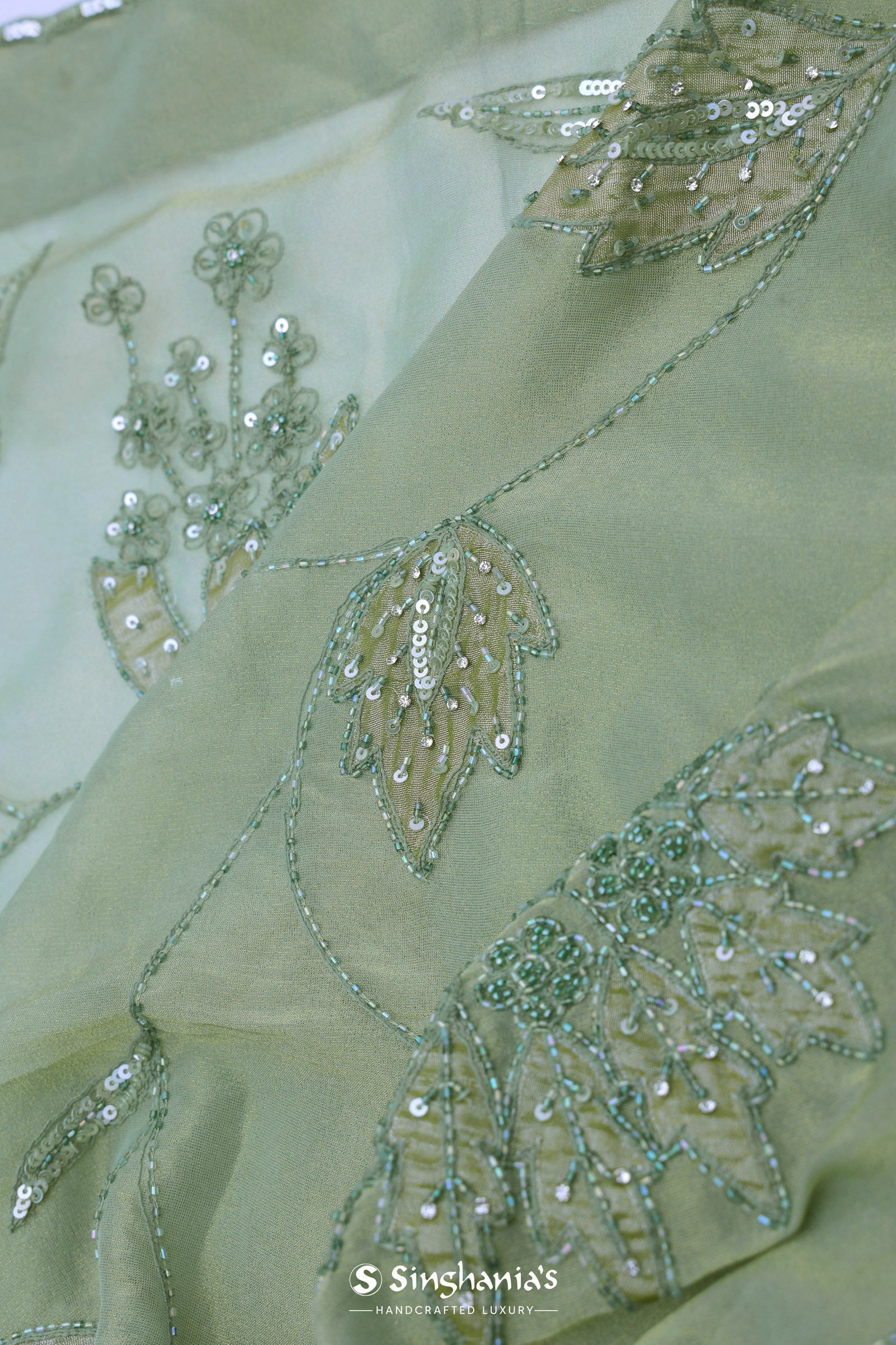 Sage Green Organza Embroidery Saree With Small Scallop Border