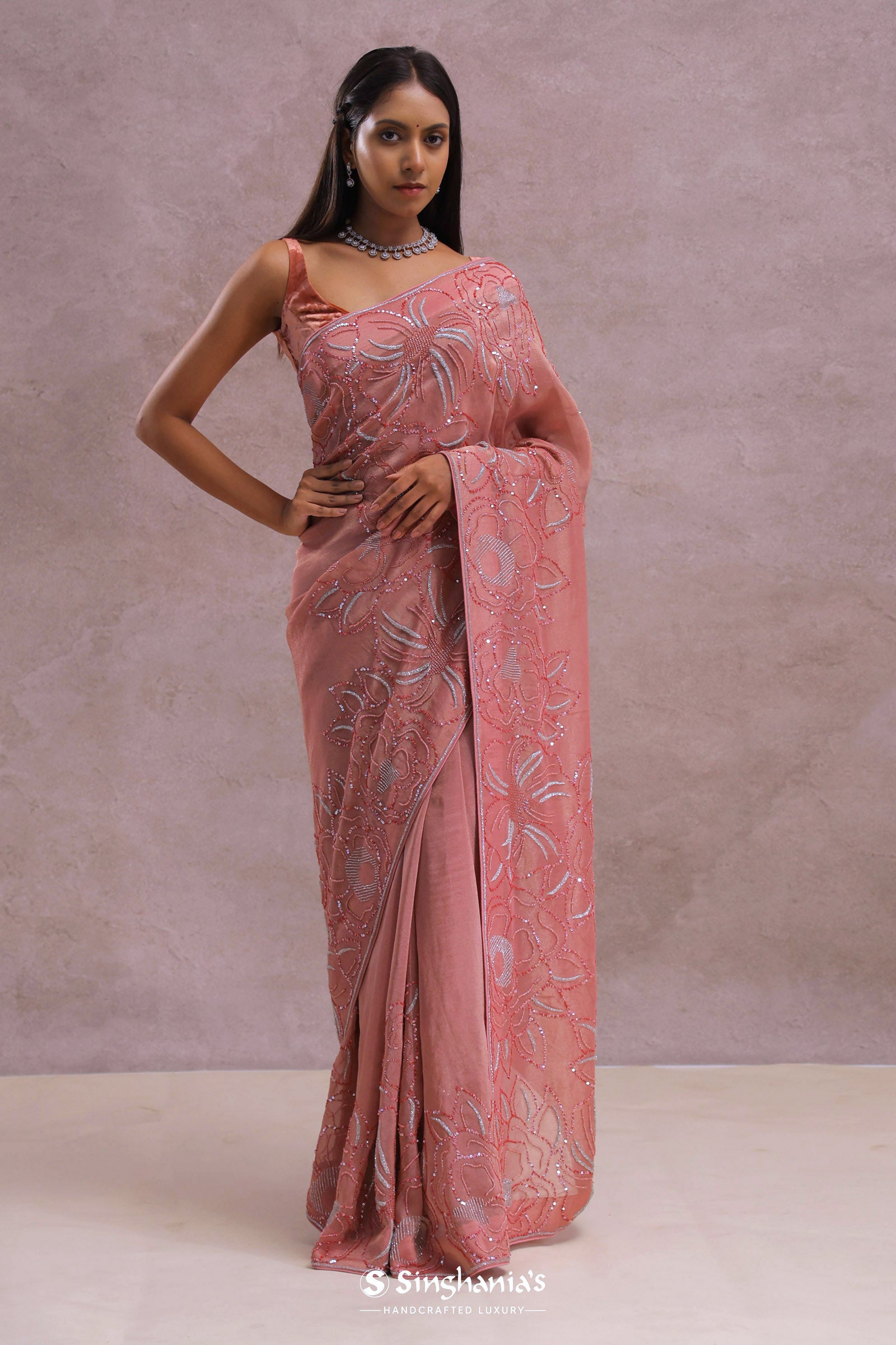 Pinkish Peach Organza Embroidery Saree