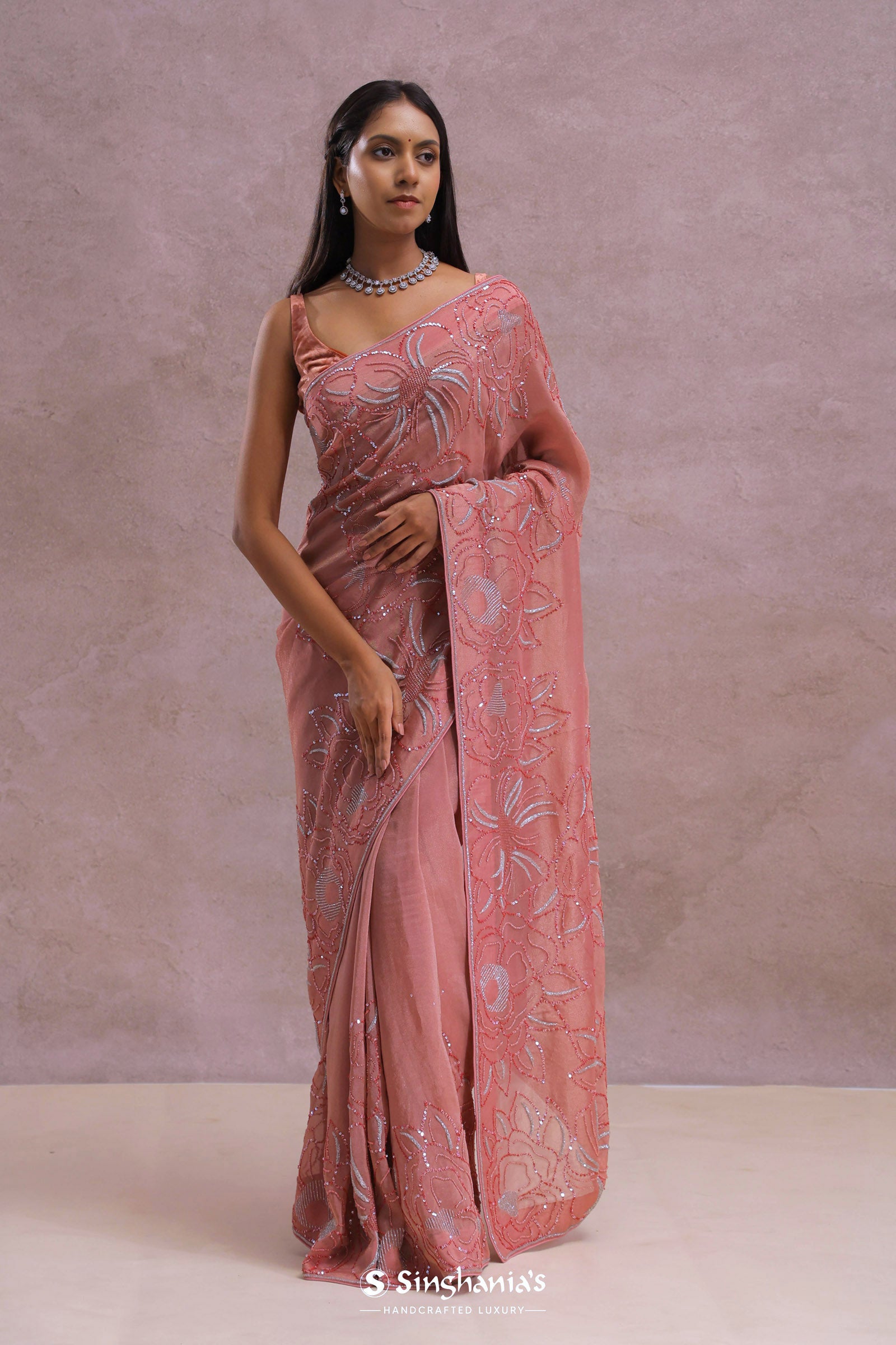 Pinkish Peach Organza Embroidery Saree
