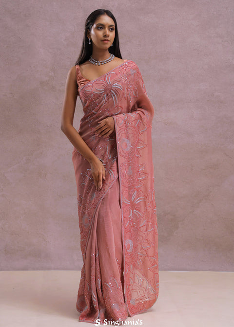 Pinkish Peach Organza Embroidery Saree
