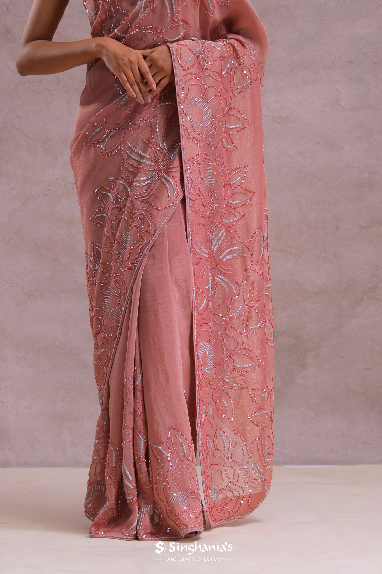 Pinkish Peach Organza Embroidery Saree